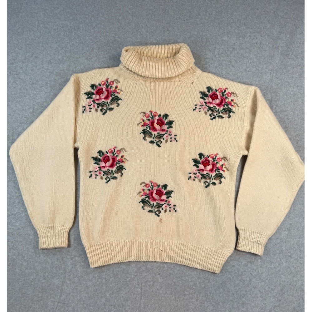 Valerie Stevens Large Wool Sweater Floral Cottagecore 100% Wool Turtleneck